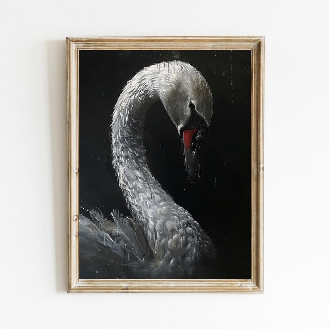 Dramatic White Swan Portrait On Black Elegant Moody Bird Art Poster