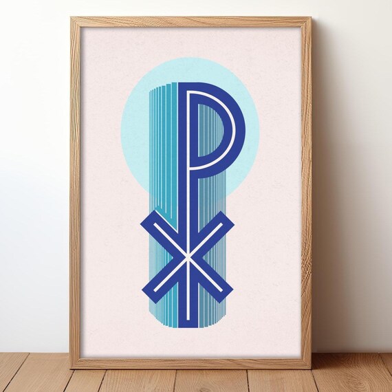 Chi Rho Christian Monogram Symbol Modern Minimalist Blue Wall Art