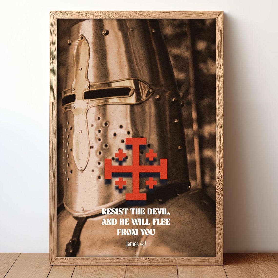 Templar Knight Helmet Jerusalem Cross Bible Verse James 4:7 Poster