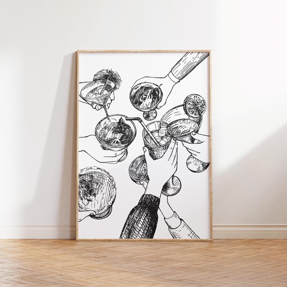 Minimalist Black White Cheers Cocktail Hands Line Art Bar Cart Poster