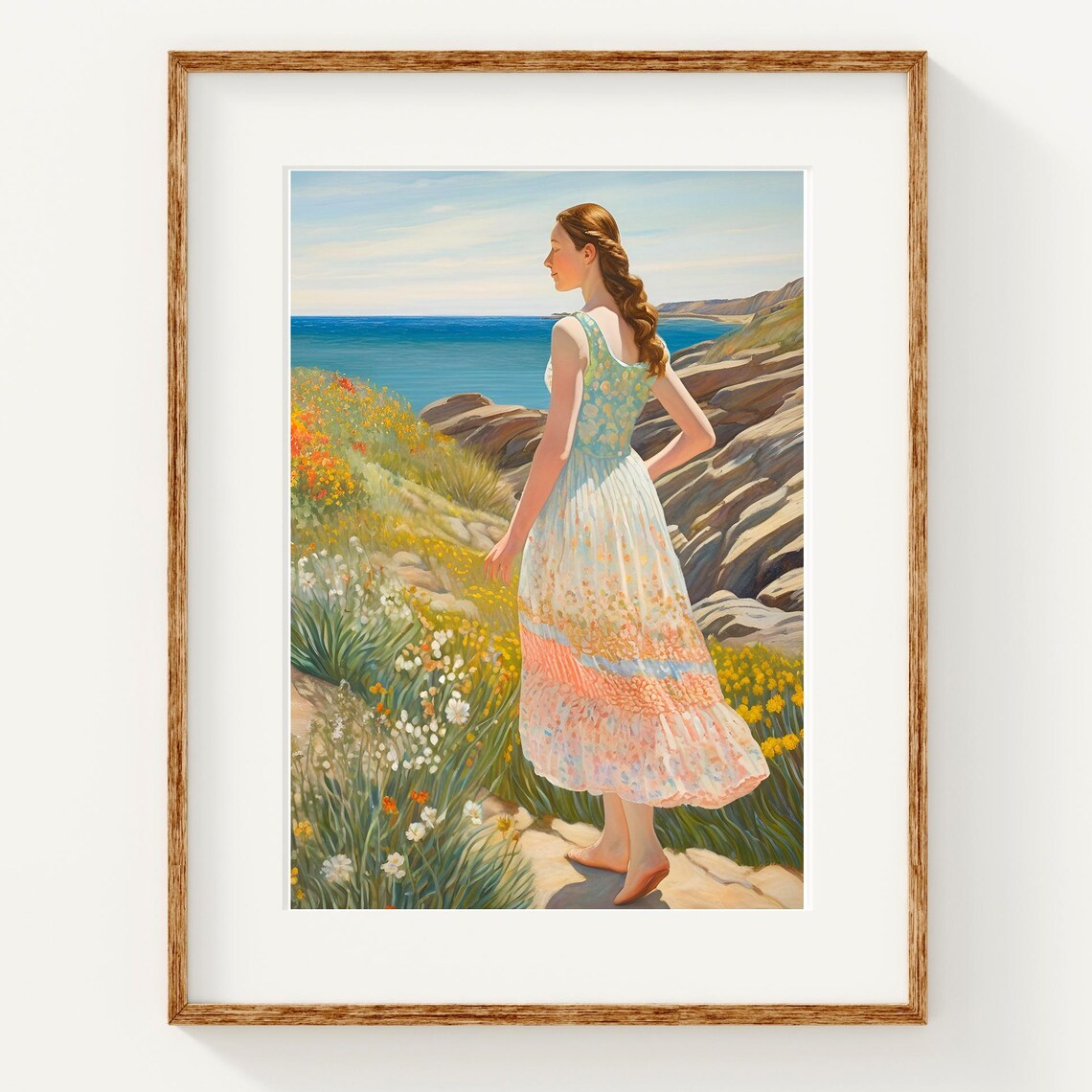 Woman On Rocky Coast Wildflowers Blue Sea Scenic Coastal Art Poster