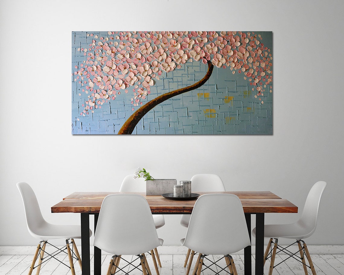 Soft Pink Cherry Blossom Branch On Pale Blue Oil Paint Poster - Image 3