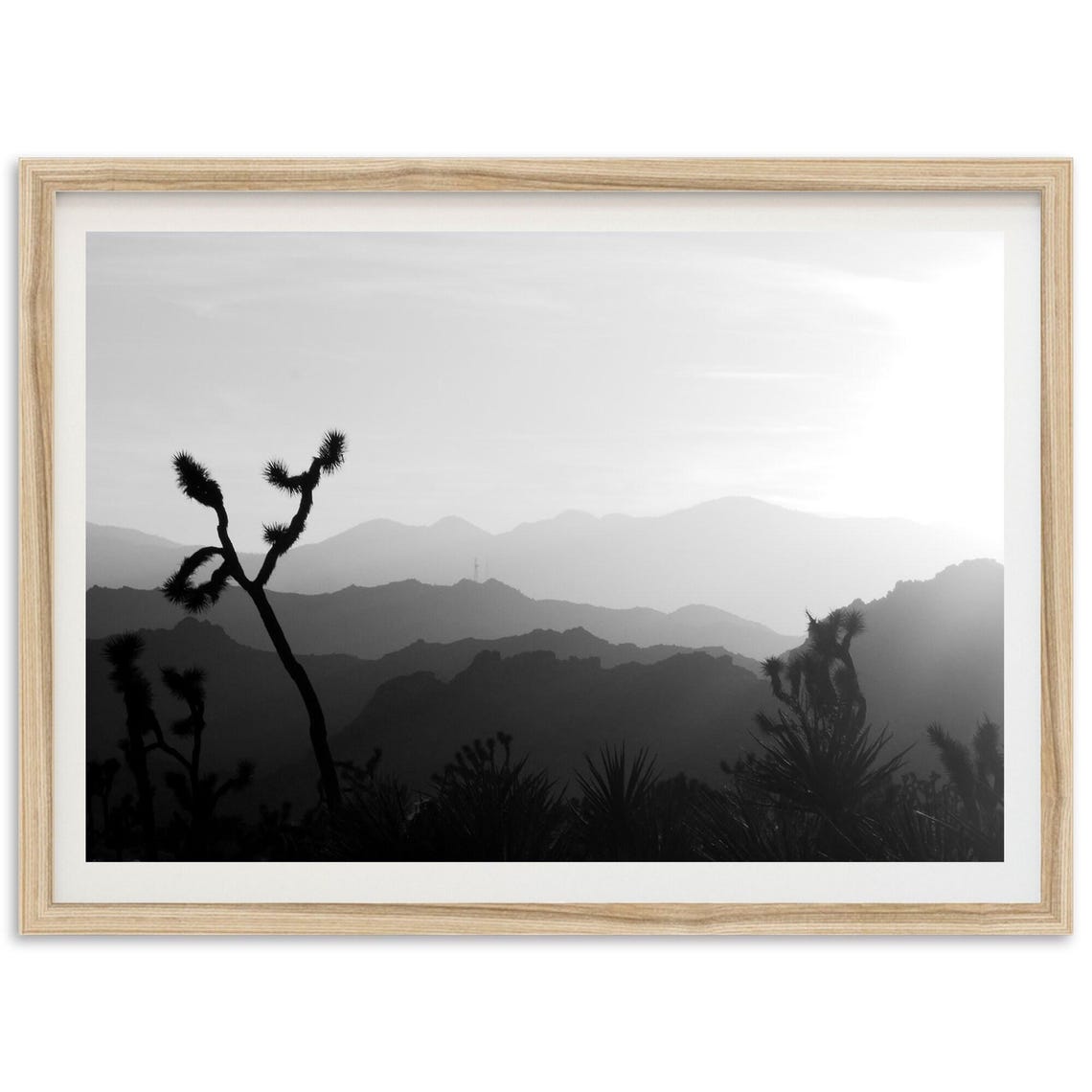 Joshua Tree Silhouette Desert Mountain Black and White Print