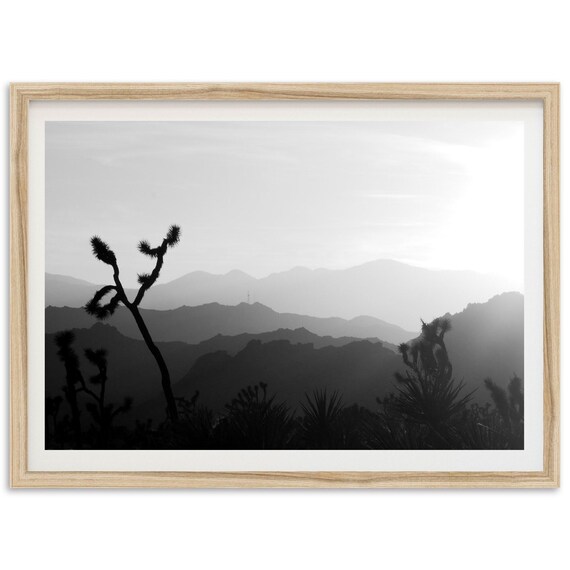 Joshua Tree Silhouette Desert Mountain Black and White Print
