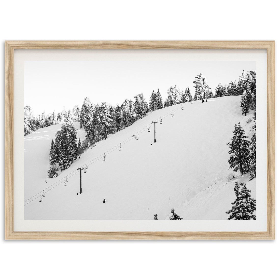 Black And White Ski Slope Chairlift Snowy Pine Forest Mountain Poster