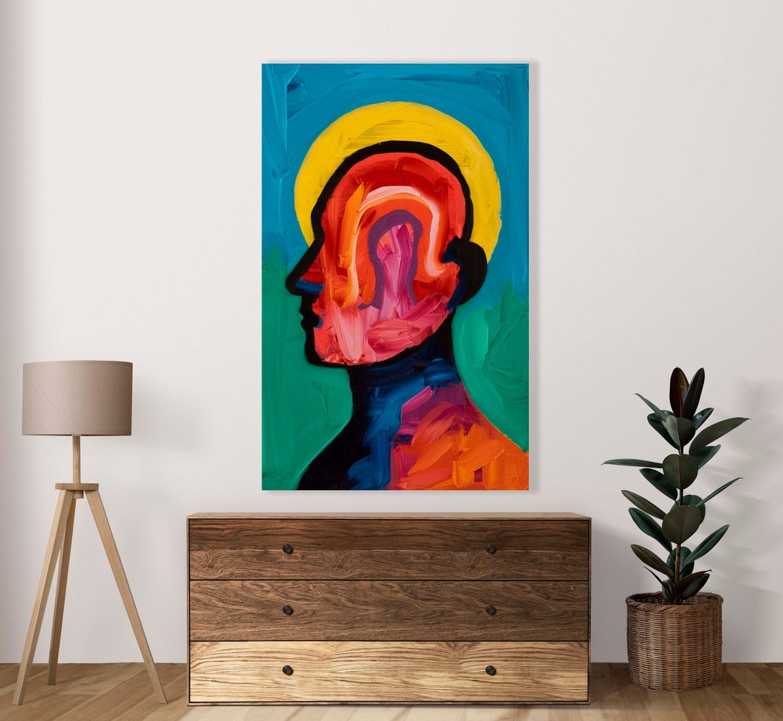 Abstract Profile Head With Neon Sunset Halo Colors Pop Art Poster