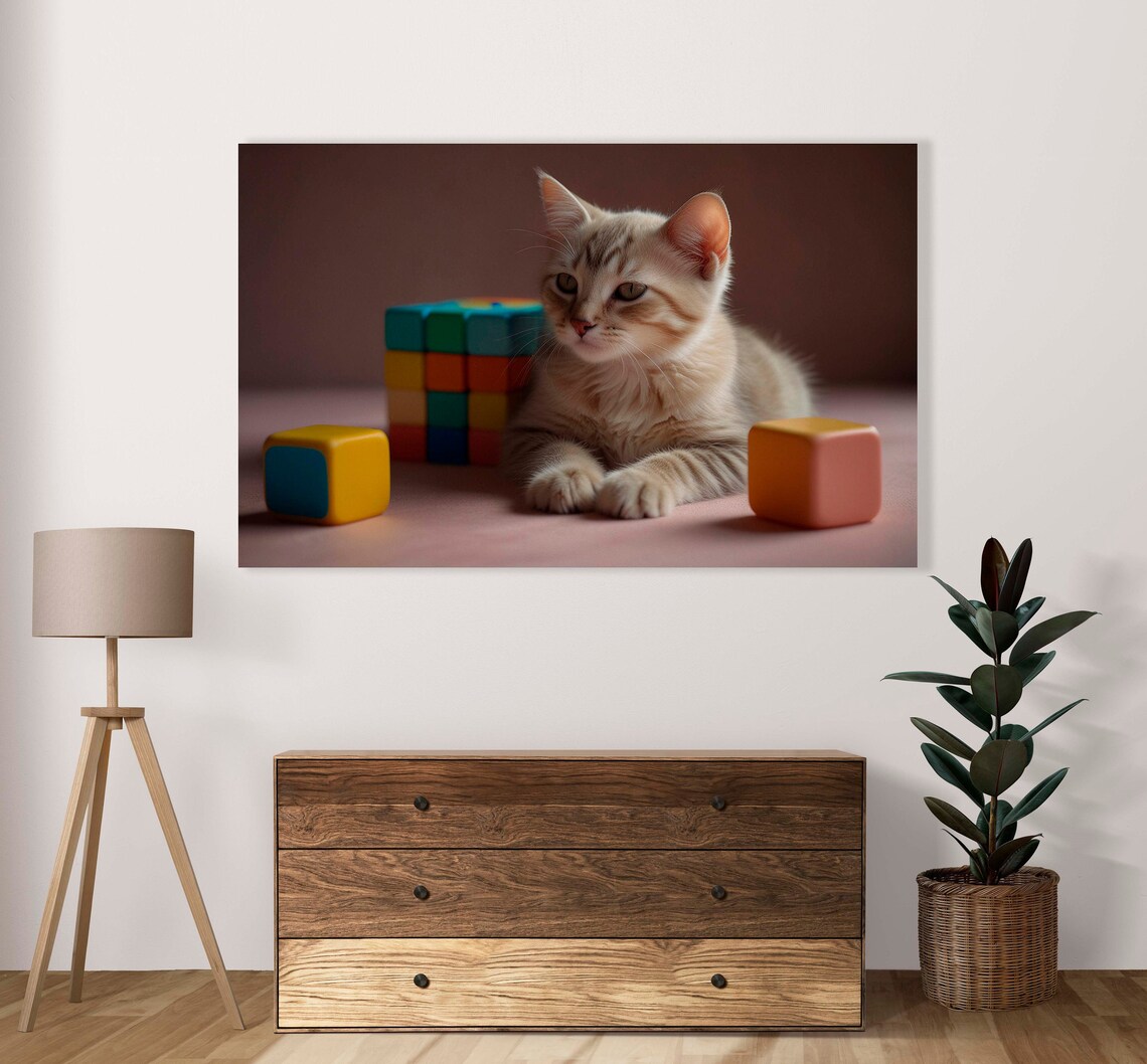 Tranquil White Cat Contemplating Poster Set Of 1 Image Home Art Decor Cute Cat With Cubes Illustration