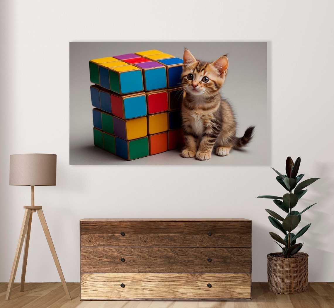 Tabby Kitten Beside Stacked Giant Rubiks Cubes Studio Poster