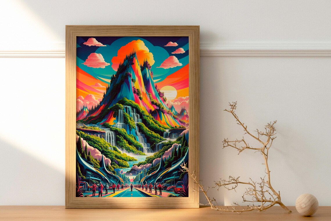Rainbow Mountain Waterfalls Utopian Fantasy Landscape Poster - Image 2