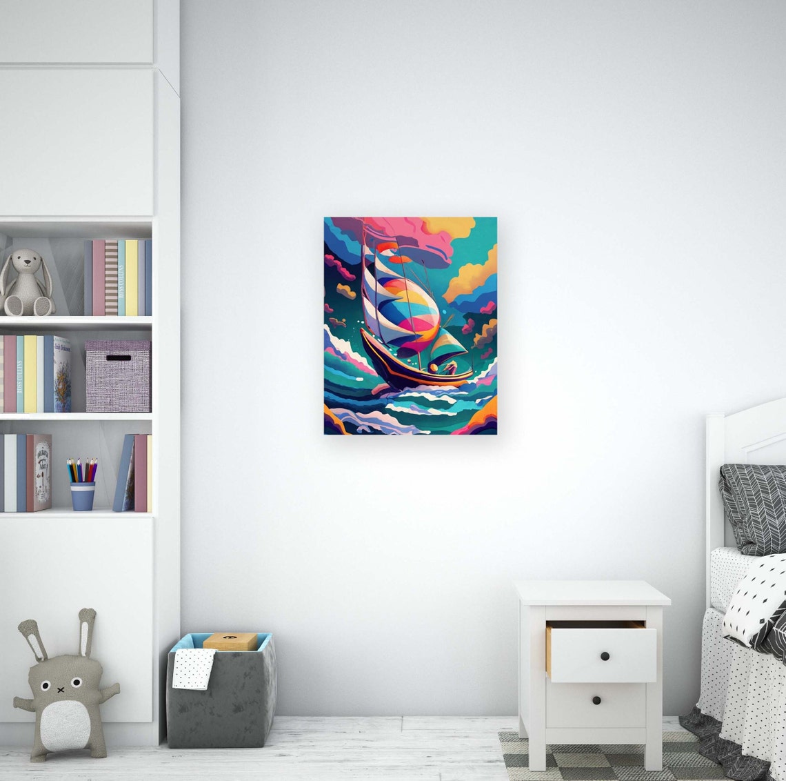 Sailboat Riding Stormy Waves With Rainbow Striped Sails Poster - Image 2
