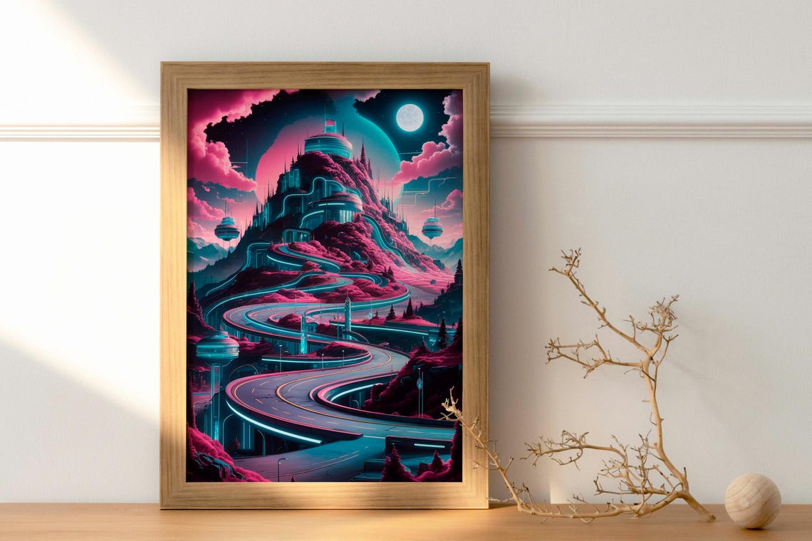 Neon Mountain Citadel At Night Cyberpunk Futuristic Art Poster - Image 2
