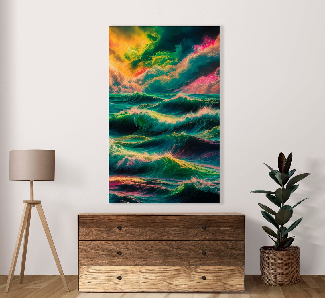 Vivid Stormy Ocean Waves Colorful Sunset Tall Canvas Art Poster