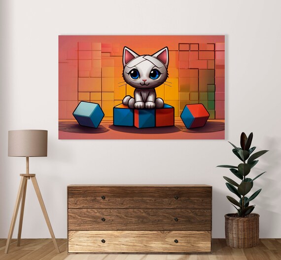 Adorable White Cartoon Kitten With Big Blue Eyes Among Toy Blocks Poster