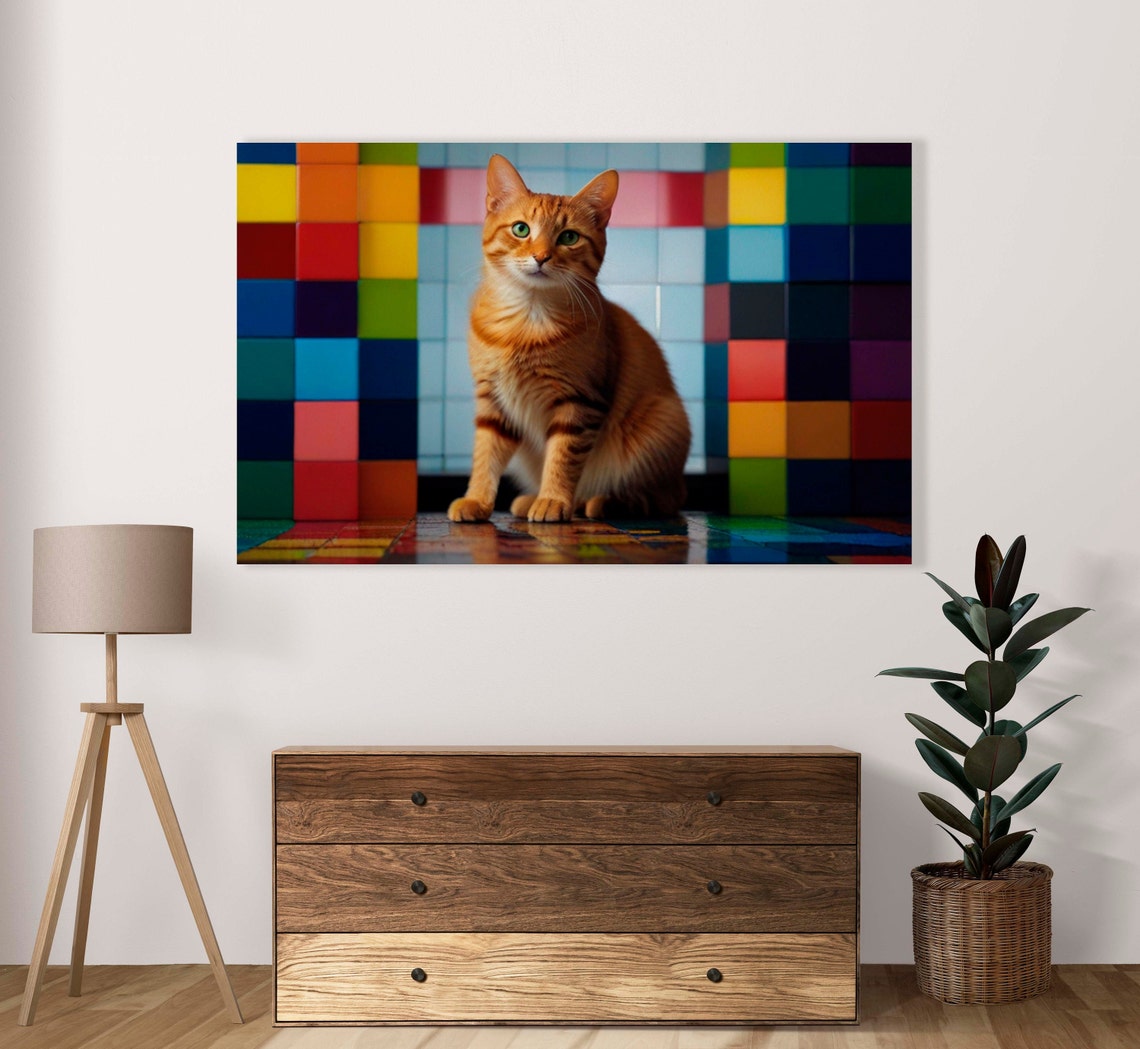 Orange Tabby Cat Portrait In Front Of Cube Block Wall Poster