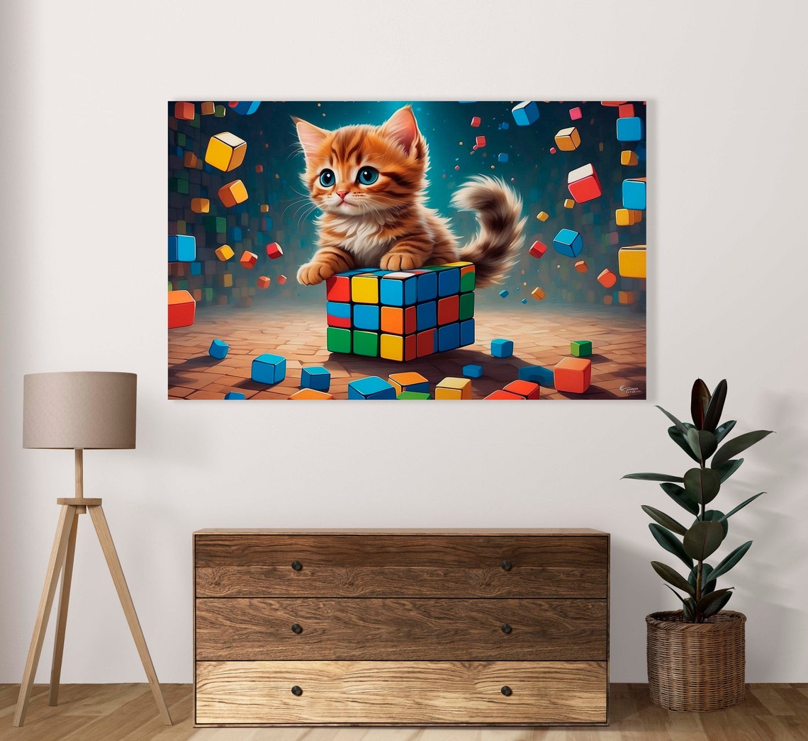 Cartoon Orange Kitten Climbing An Exploding Rubiks Cube Poster