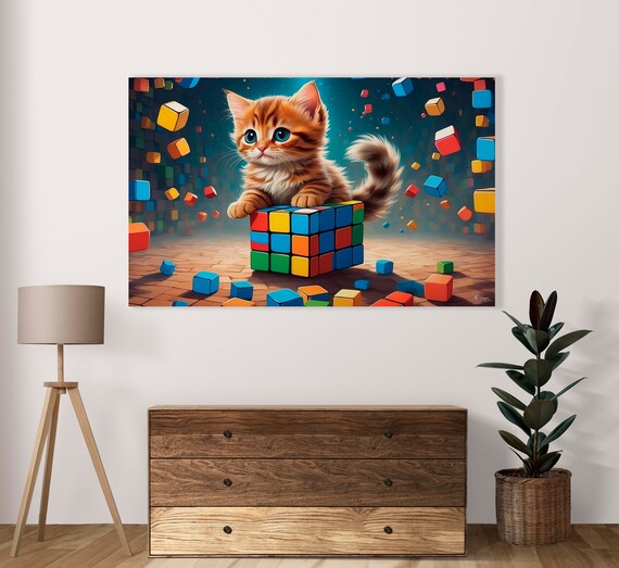 Cartoon Orange Kitten Climbing An Exploding Rubiks Cube Poster