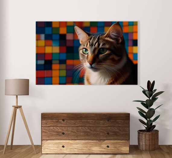 Green Eyed Tabby Cat Portrait On Colorful Mosaic Squares Poster