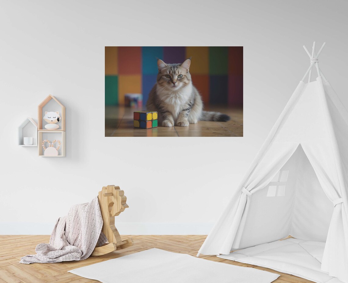 Serious Longhair Tabby Cat Sitting Beside Rubik Cube Photo Art Poster - Image 2