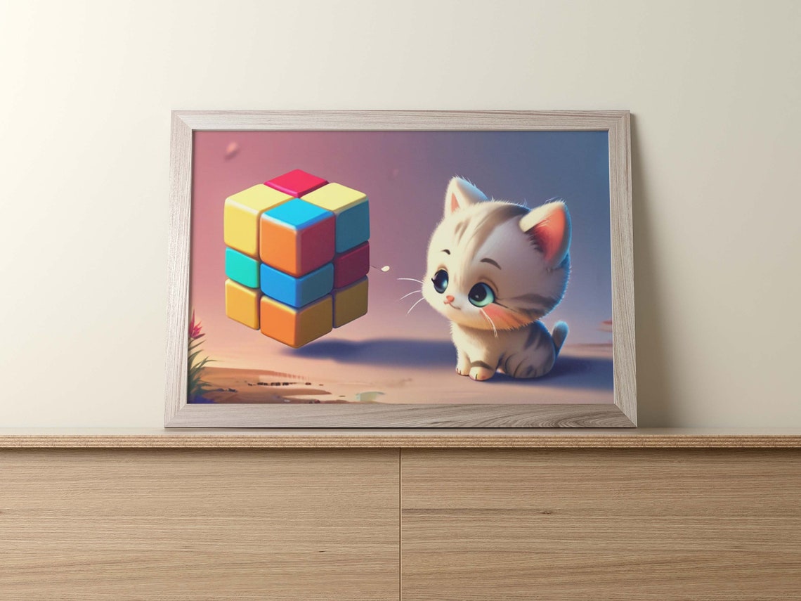 Cute White Cartoon Kitten Watching A Floating Rubiks Cube Poster - Image 2