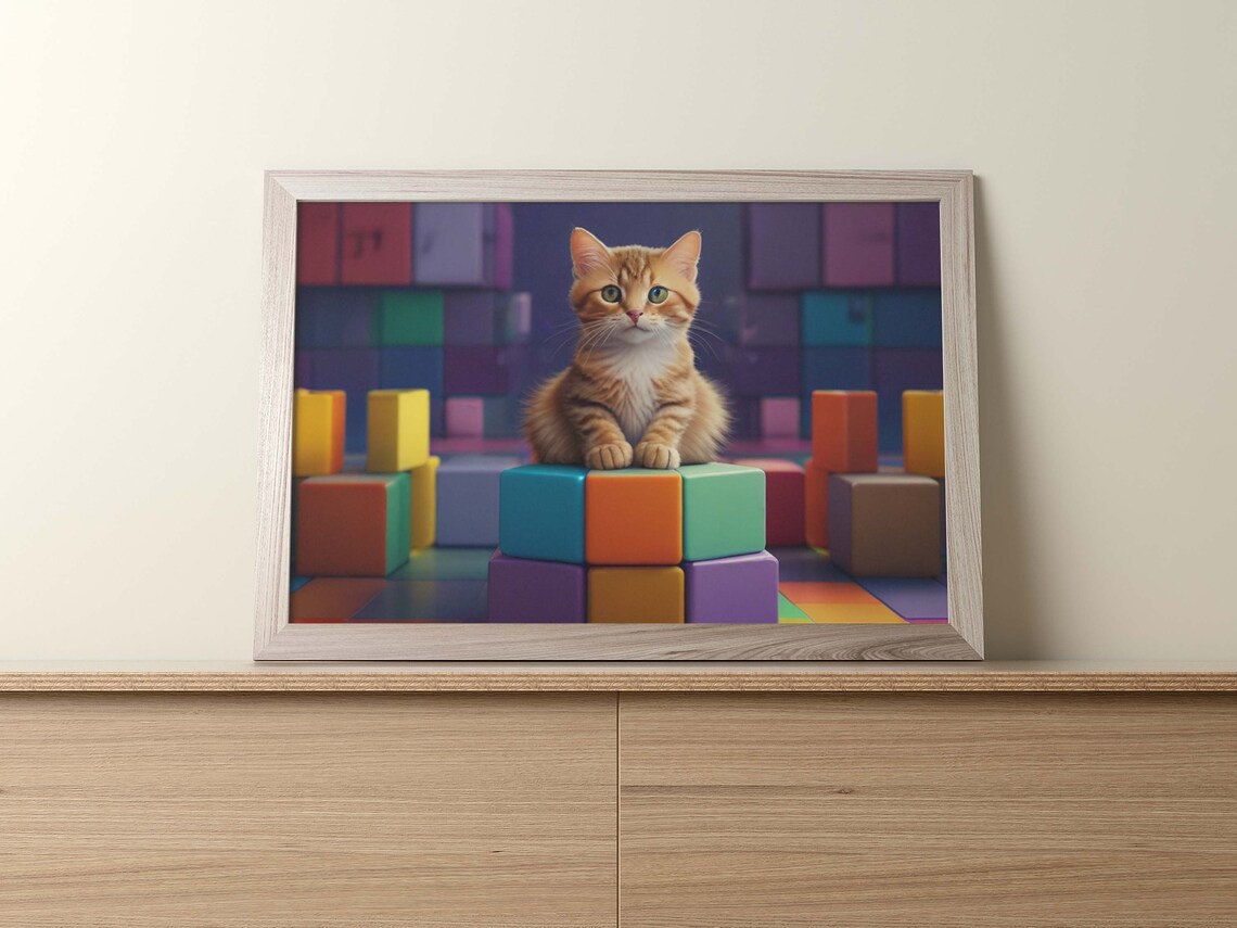 Orange Tabby Cat Sitting On Colorful Toy Blocks Photo Poster - Image 2