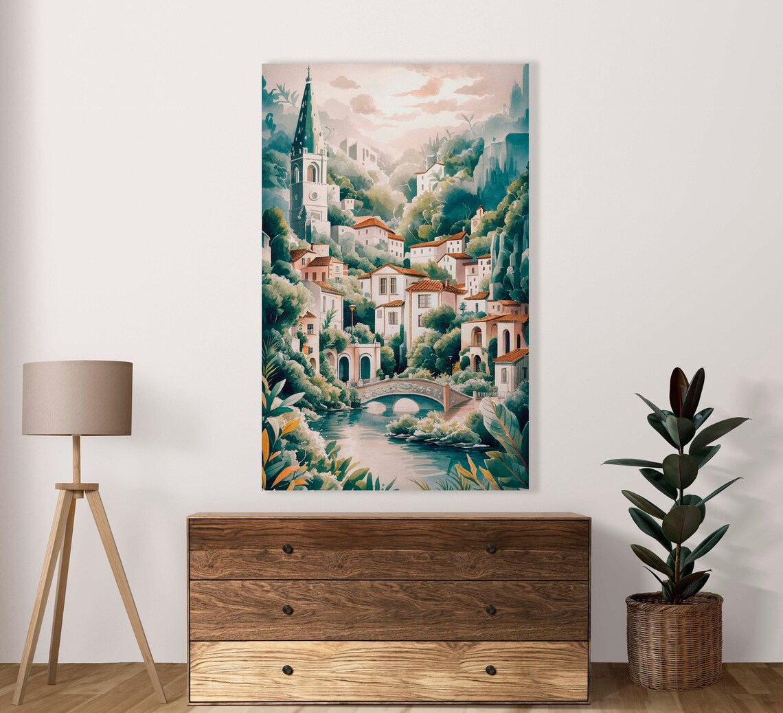 Fantasy White Hill Town With Church Watercolor Landscape Poster