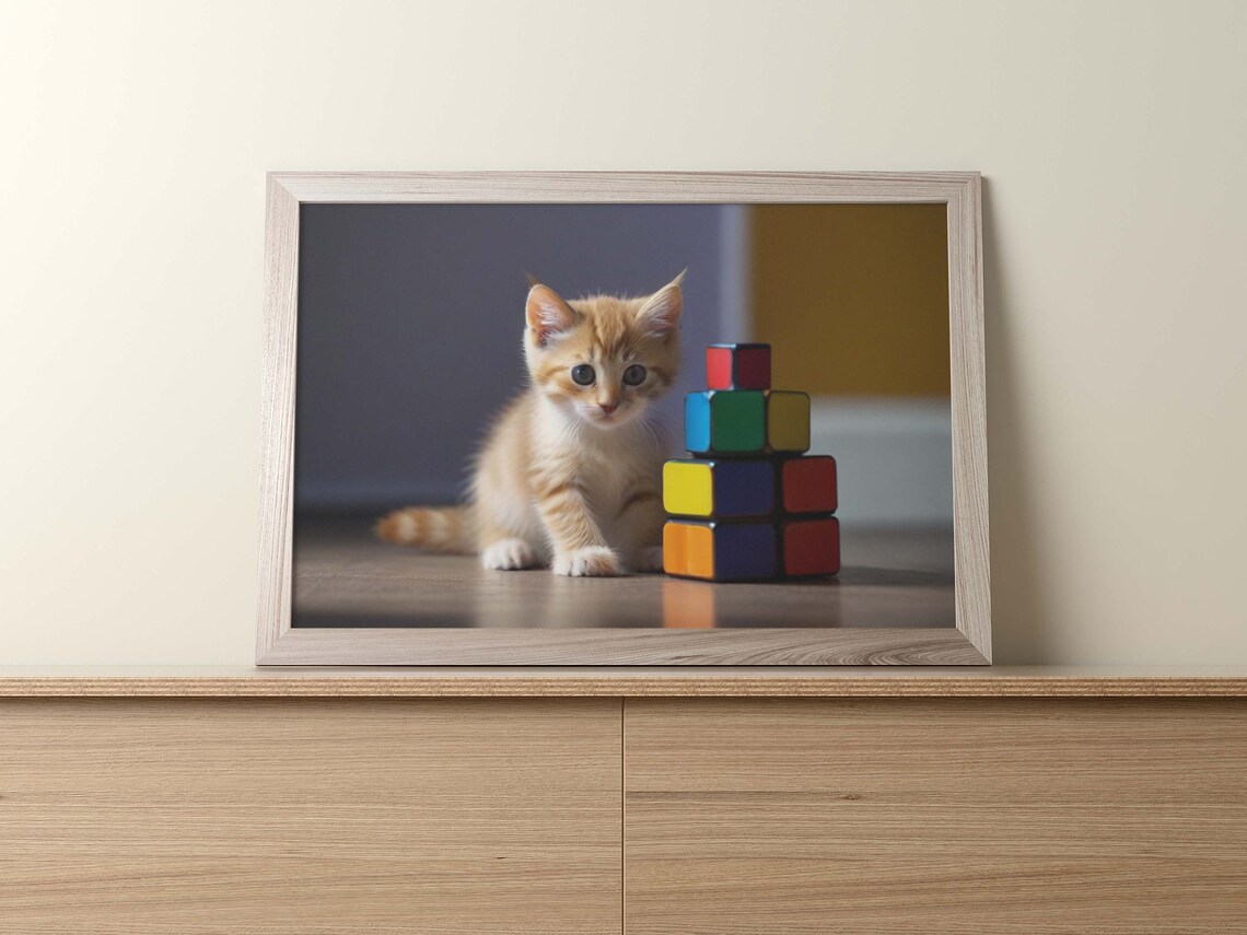 Curious Kitty Cat With Cubes Poster Set Of 1 Image Home Art Decor Cute Kitten Illustration Pets Lovers - Image 2