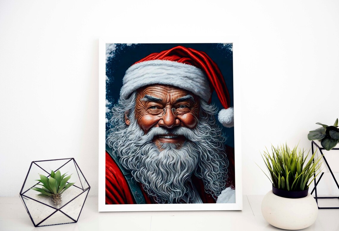 Smiling Santa Claus Portrait Dark Blue Snowy Night Christmas Poster - Image 2