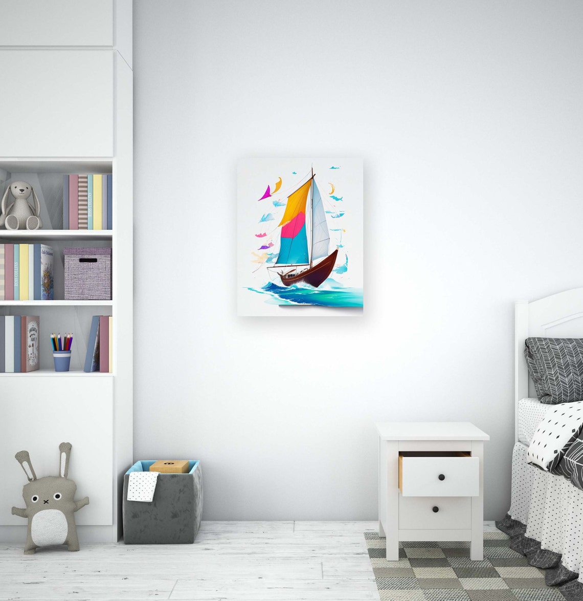 Minimalist Sailboat With Colorful Sails On A White Sea Kids Poster - Image 2