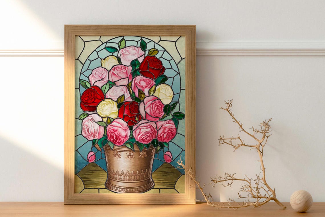 Multicolor Rose Bouquet Bronze Pot Stained Glass Style Poster - Image 2