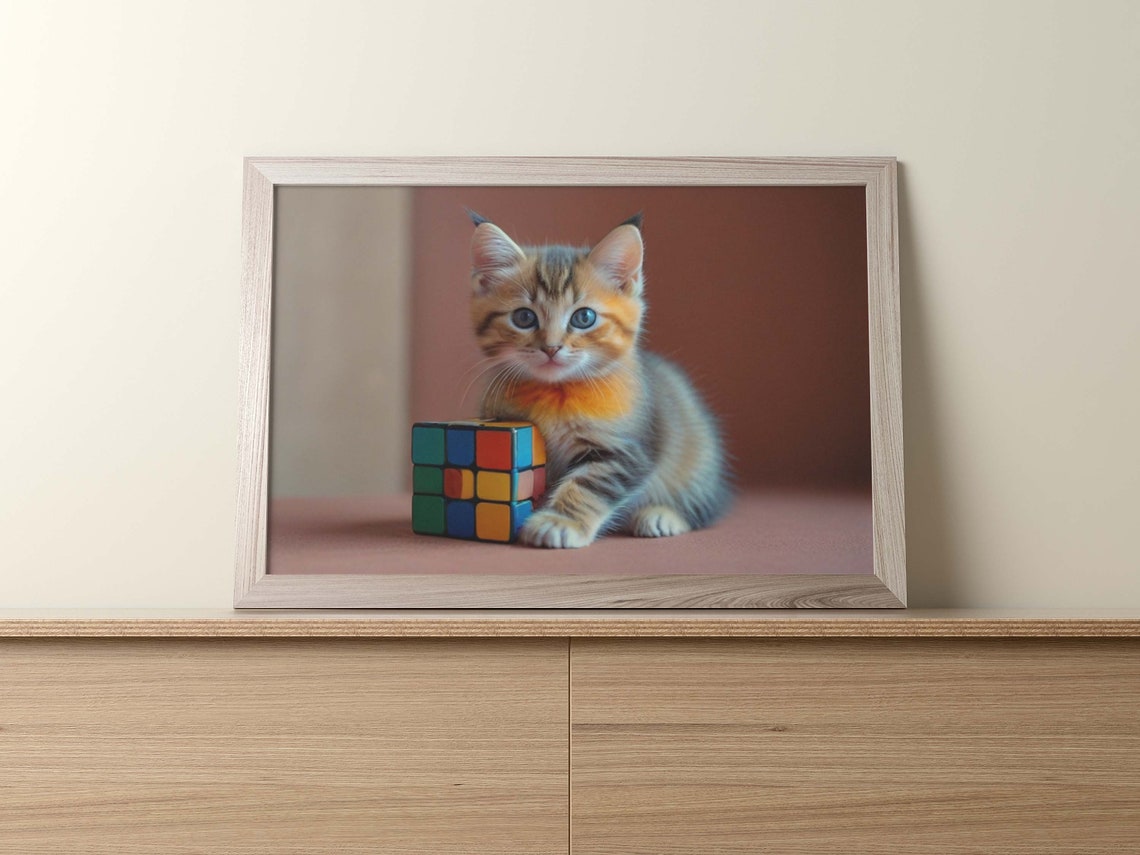 Tabby Kitten Hugging Rubik Cube Pink Background Photo Poster - Image 2