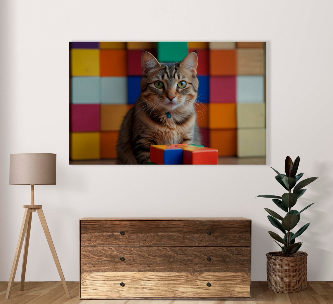 Tabby Cat Portrait With Small Rubiks Cube On Colorful Blocks Poster