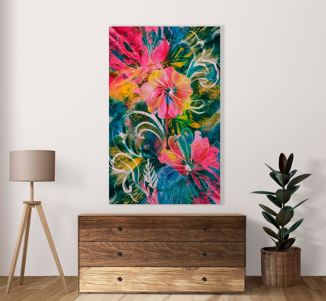 Psychedelic Neon Floral Abstract Pink Teal Flowers Art Poster