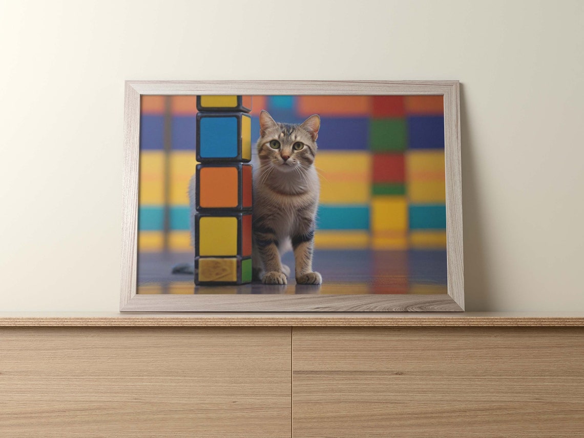 Gray Tabby Kitten Beside Tower Of Colorful Rubiks Cubes Poster - Image 2