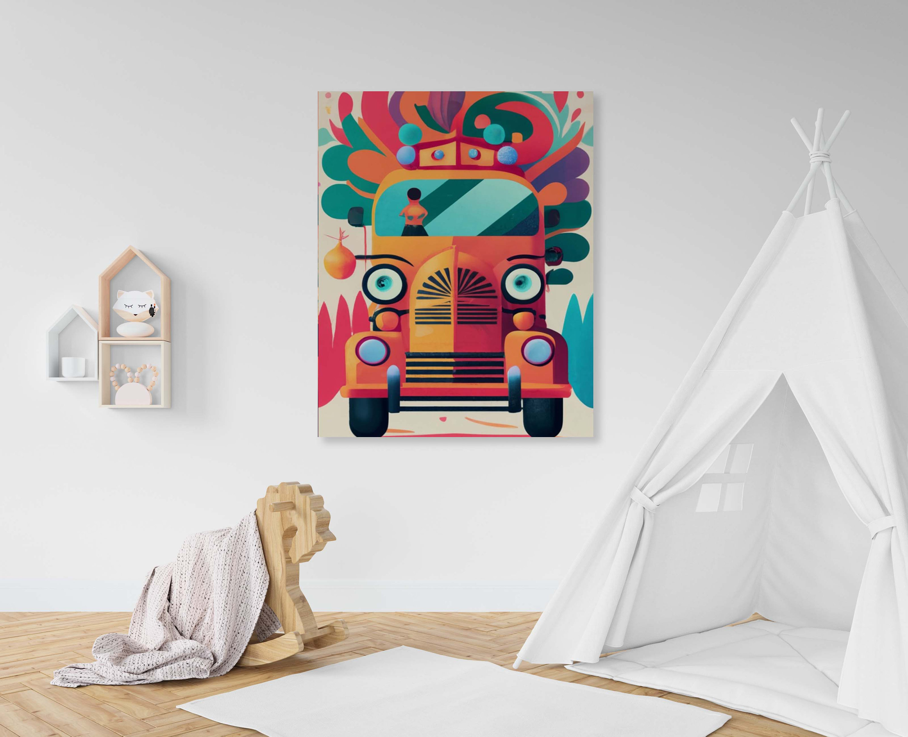 Front View Of A Cheerful Cartoon Fire Truck Kids Room Poster