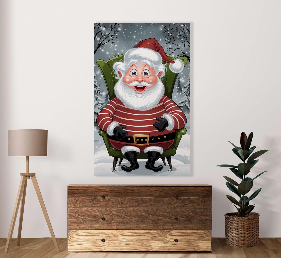 Smiling Cartoon Santa Armchair Striped Sweater Snowy Scene Poster