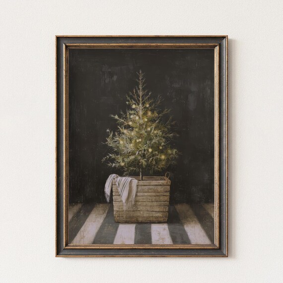 Moody Dark Christmas Tree Vintage Rustic Holiday Decor Painting Wall Art