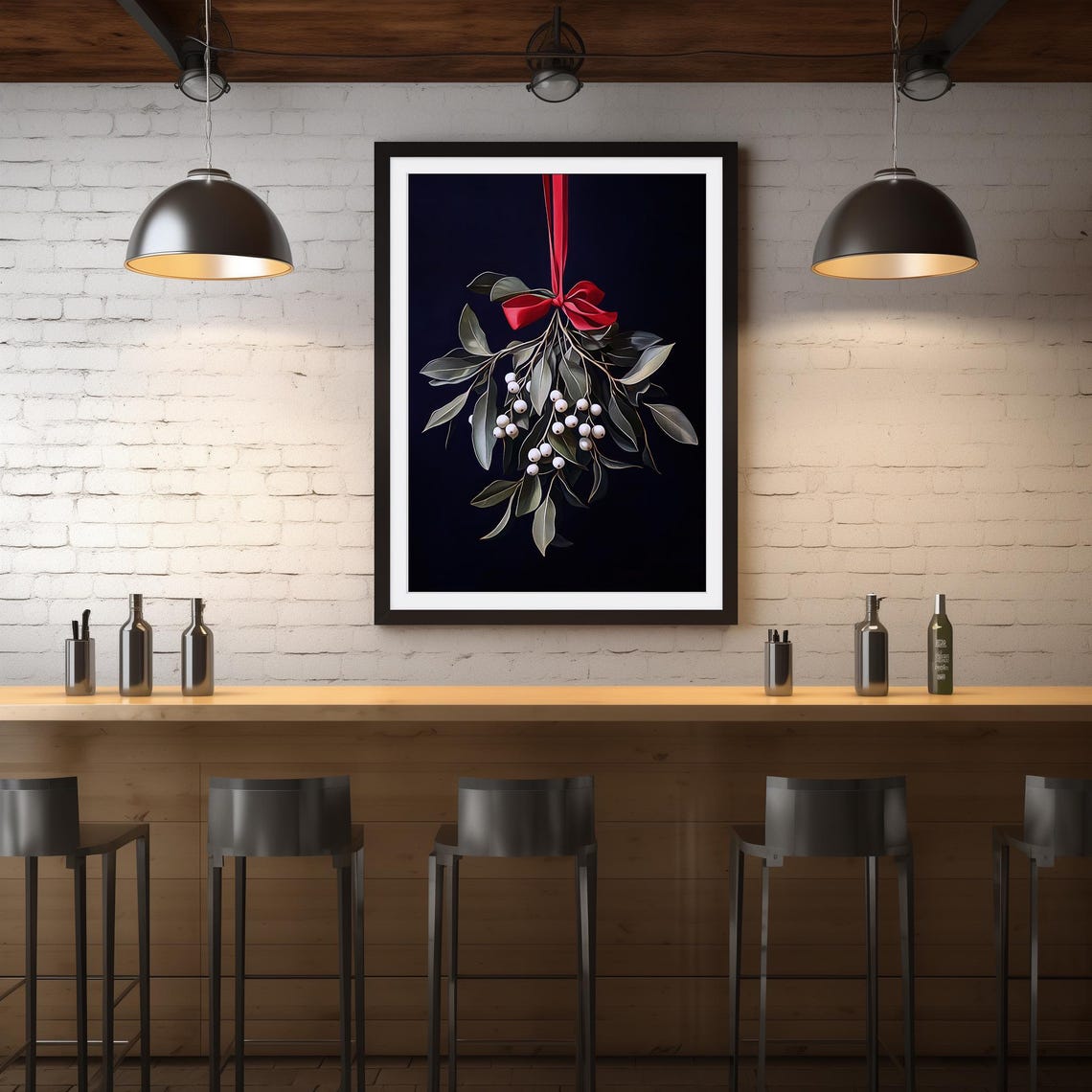Mistletoe With Red Ribbon On Dark Background Holiday Wall Art - Image 4