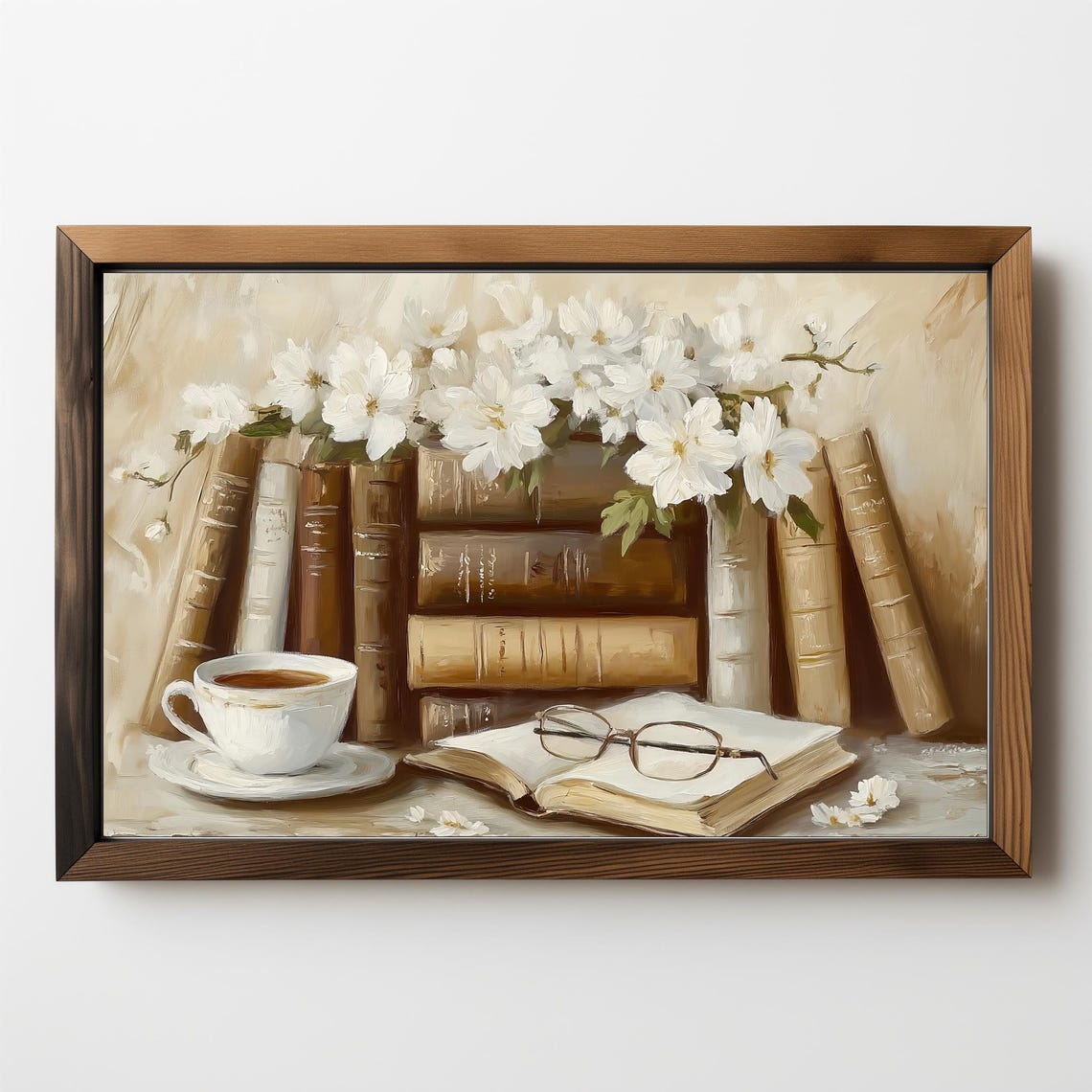 Vintage Books White Blossoms Tea Cup Light Academia Still Life Poster - Image 5