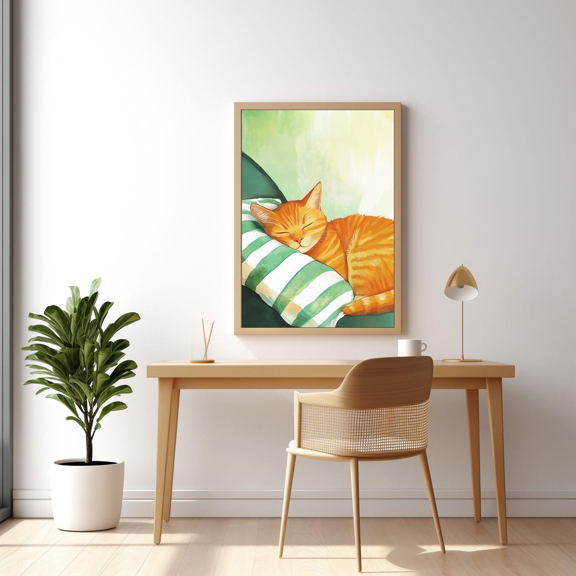 Orange Tabby Cat Sleeping On Striped Pillow Cute Pet Wall Art - Image 2