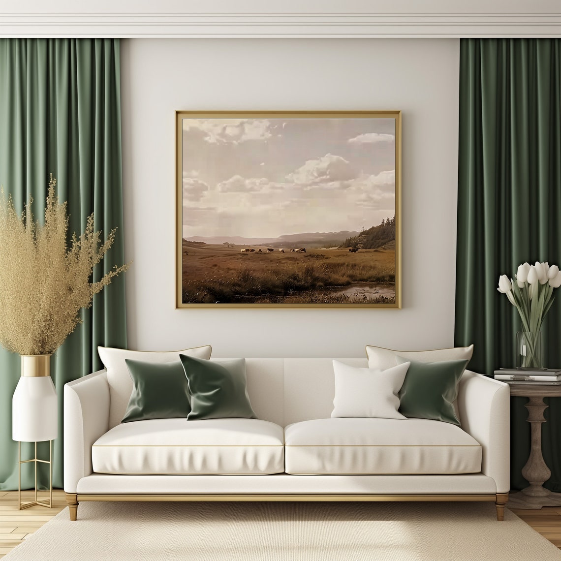 Grazing Cows Vintage Sepia Valley Moorland Rustic Landscape Oil Poster - Image 2
