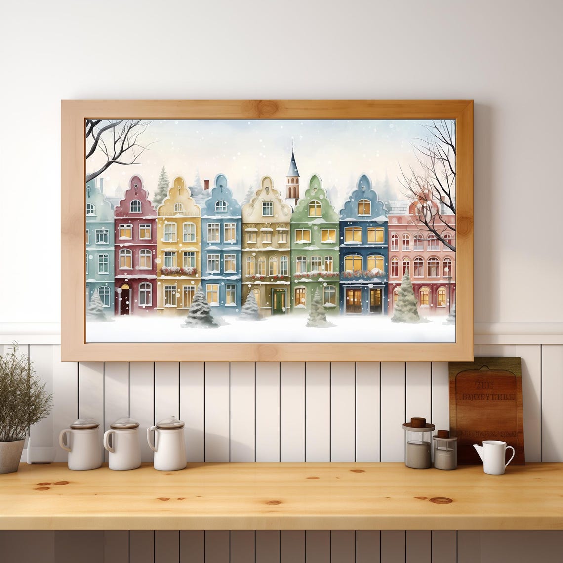 Christmas Houses Painting Pastel Christmas Village Art Winter Town Cozy Christmas Home Decor Pink Christmas Art 474 - Image 3
