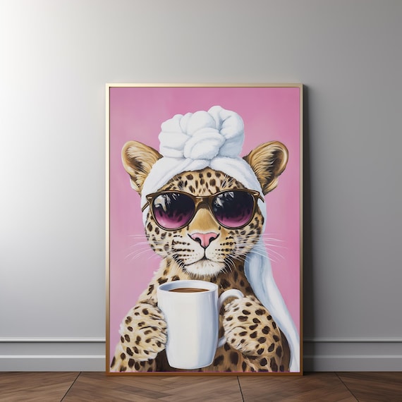 Leopard In Sunglasses Holding Coffee Maximalist Pink Wall Art Poster