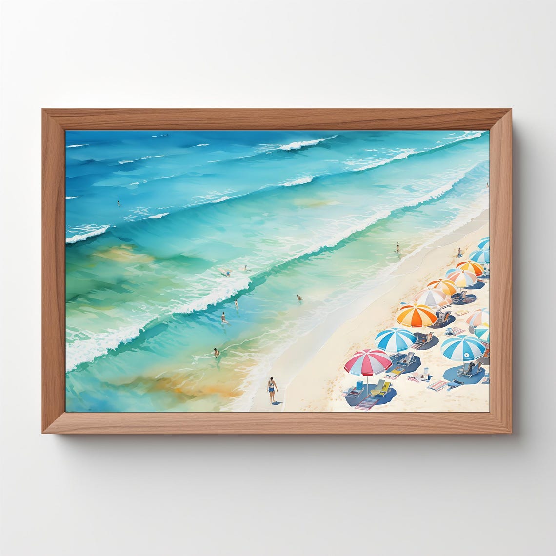 Aerial Beach Umbrellas Turquoise Waves Summer Coast Watercolor Poster - Image 5