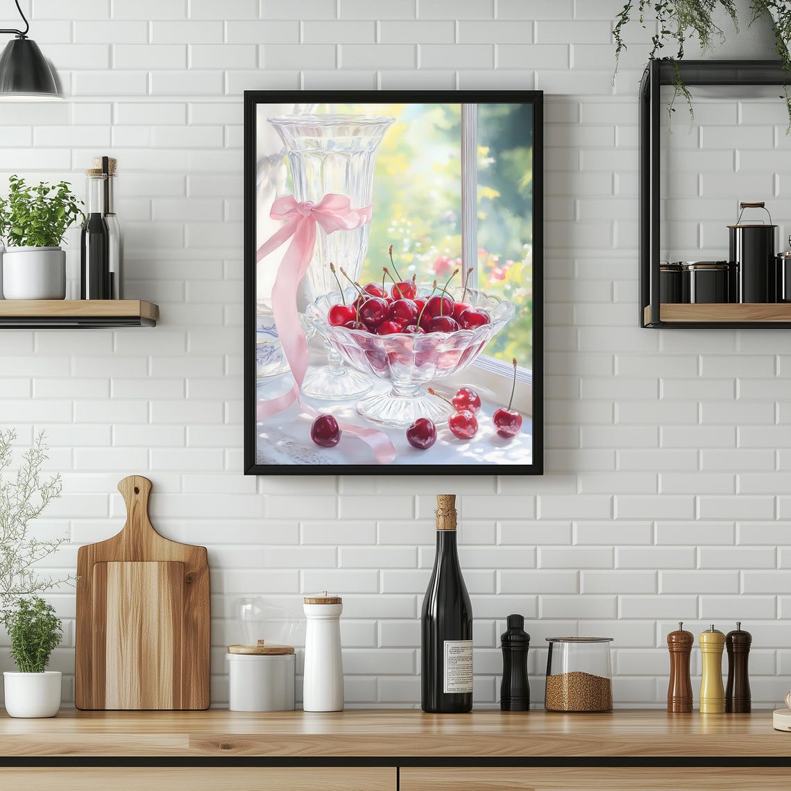 Cherry Still Life Crystal Bowl Pink Ribbon Sunny Window Kitchen Poster - Image 4
