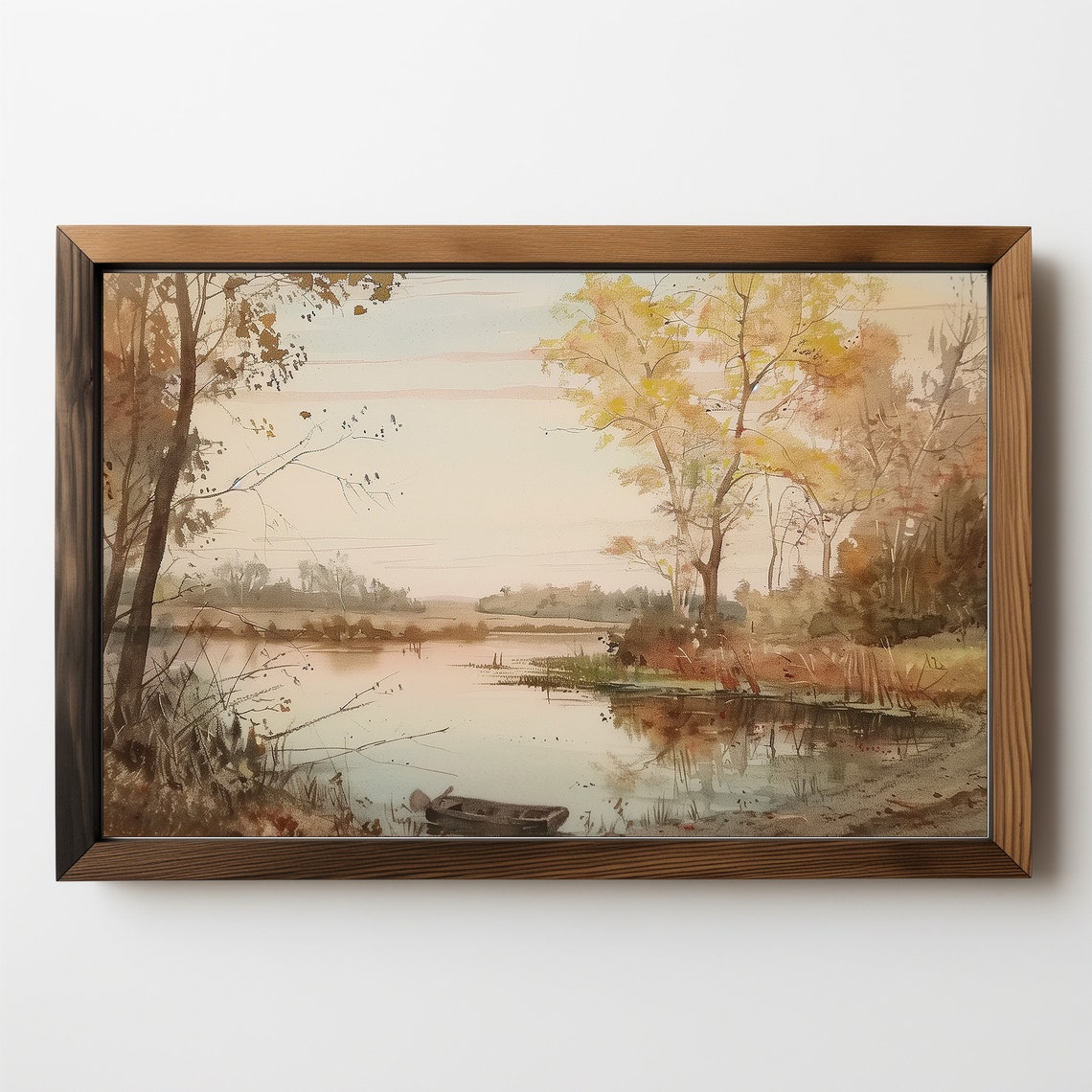Muted Autumn Pond Watercolor Rowboat Birch Trees Serene Fall Poster