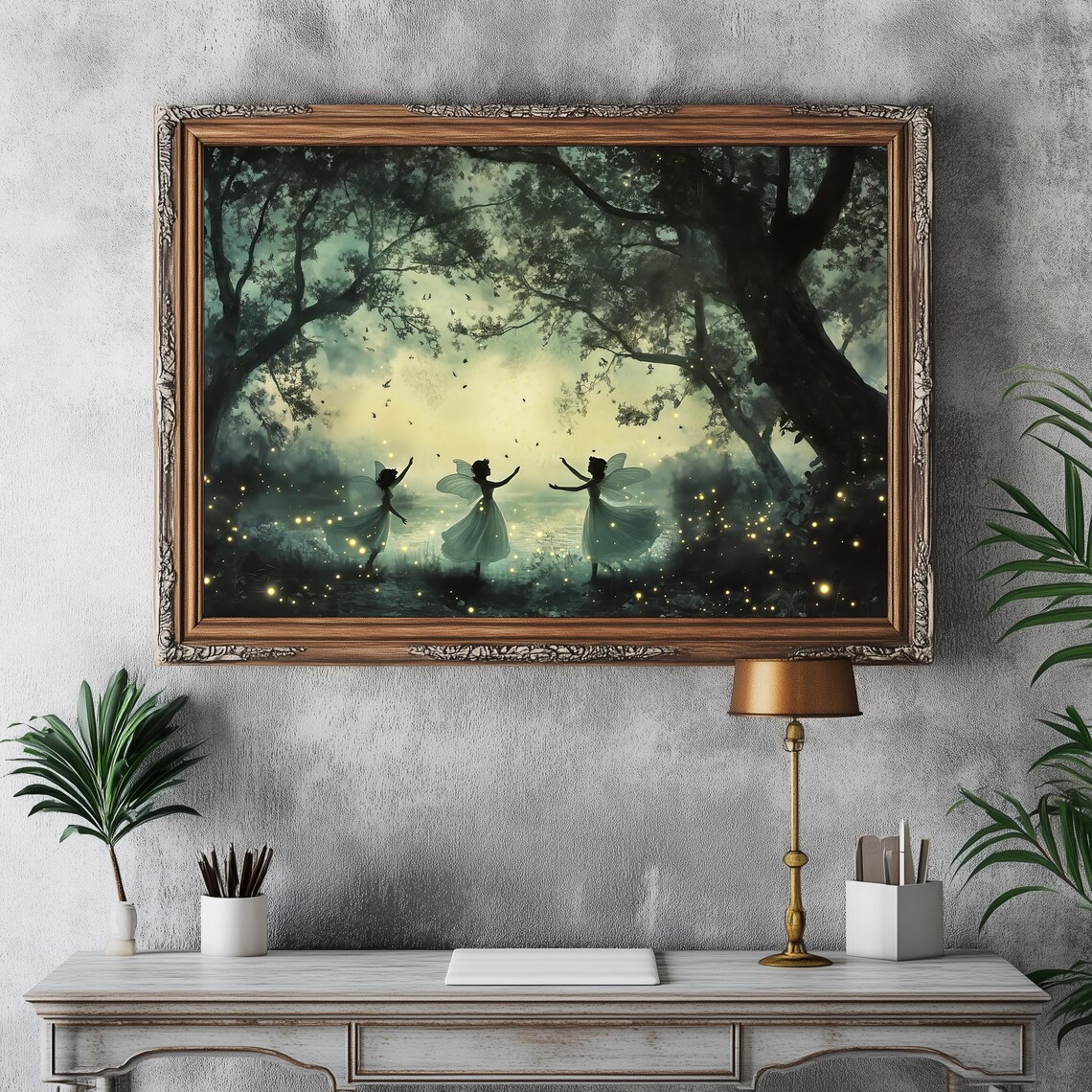 Moonlit Forest Fairies Dancing Fireflies Whimsical Vintage Style Poster - Image 4