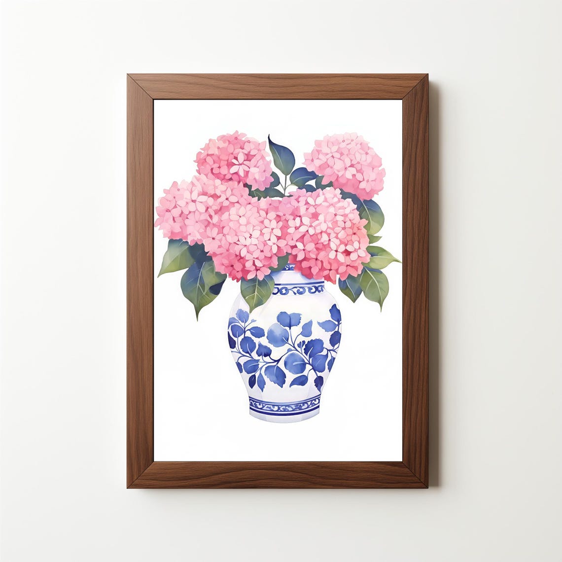 Pink Hydrangeas Blue White Chinoiserie Vase Watercolor Floral Poster