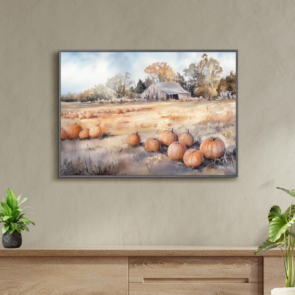 Pumpkin Patch Fall Farm Painting Watercolor Barn Autumn Harvest Wall Art - Image 4