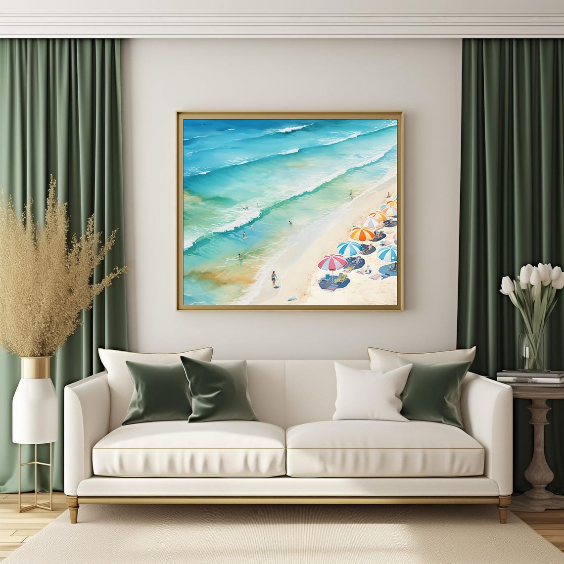 Aerial Beach Umbrellas Turquoise Waves Summer Coast Watercolor Poster - Image 3