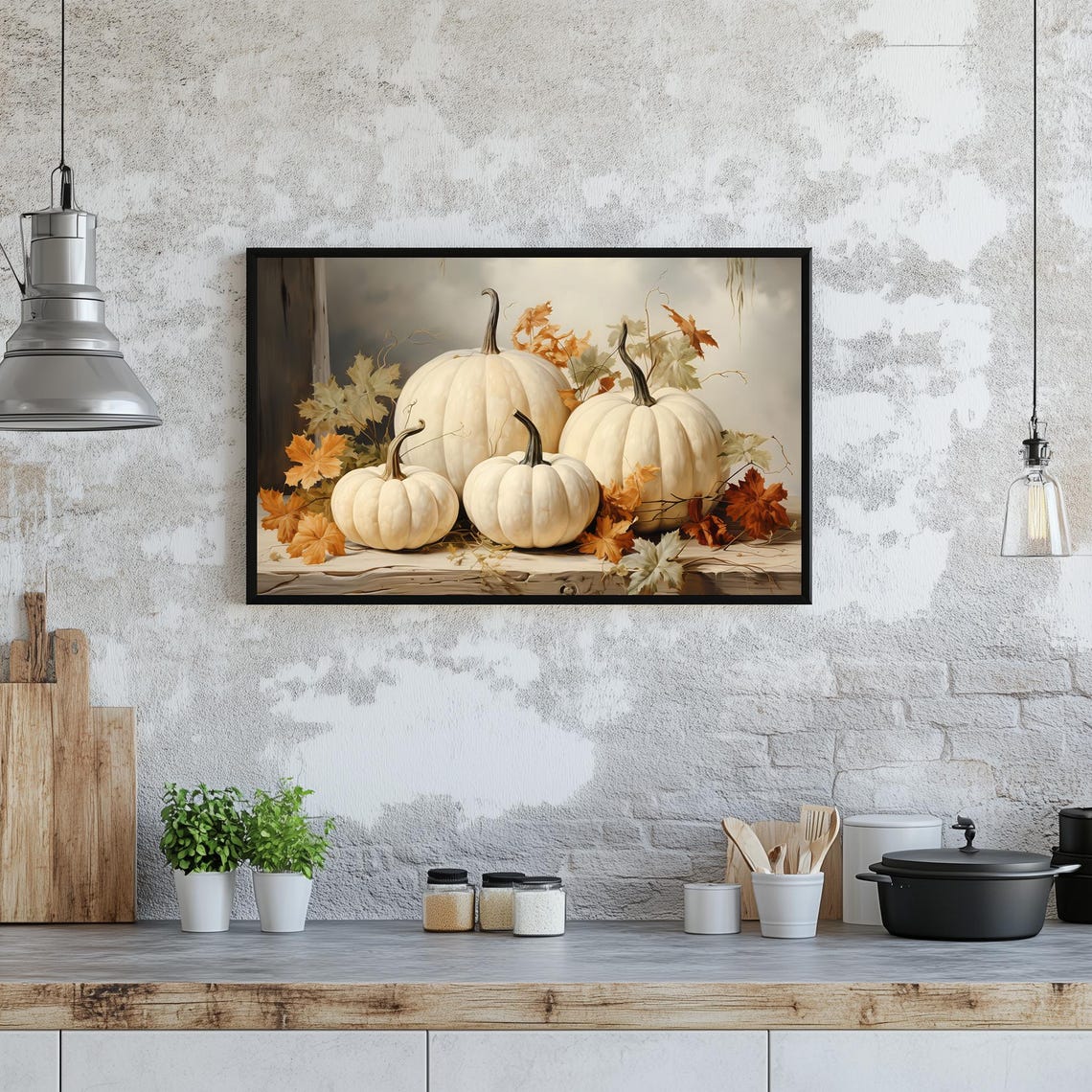 White Pumpkins Autumn Leaves Rustic Farmhouse Fall Still Life Poster - Image 3